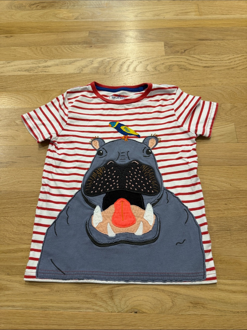 Mini Boden Red & White Striped Tee with Hippo Appliqué